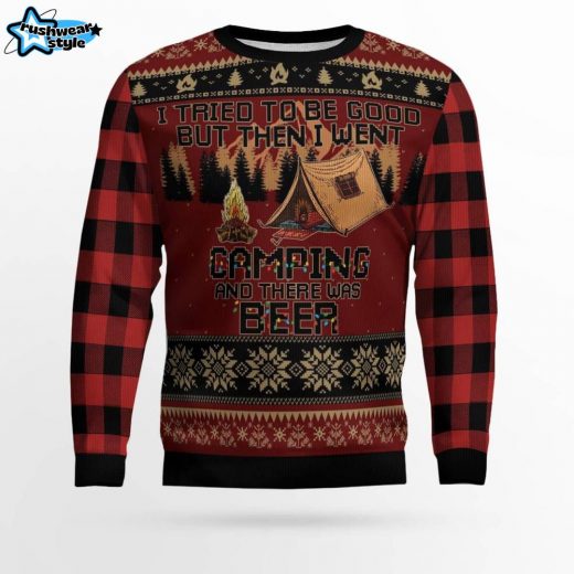 “I Tried To Be Good But Then I Went Camping” Ugly Christmas Sweater – Camping Holiday Theme