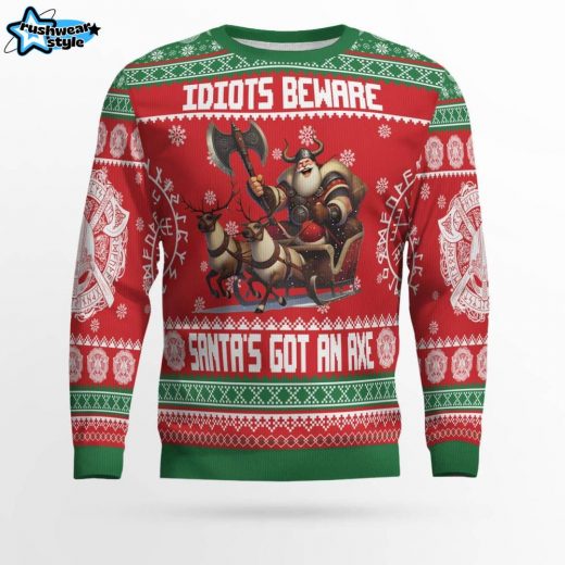 “Idiots Beware” Viking Ugly Christmas Sweater – Norse Warrior Theme