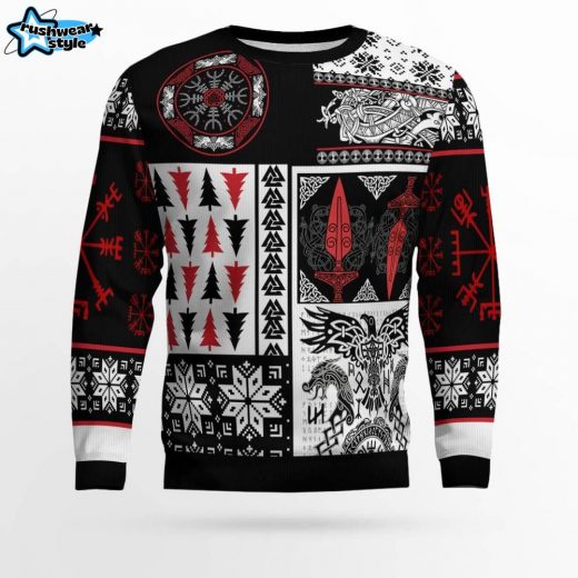 Viking Warrior Spirit Christmas Sweater – Norse Symbols of Power and Protection Ugly Christmas Sweater