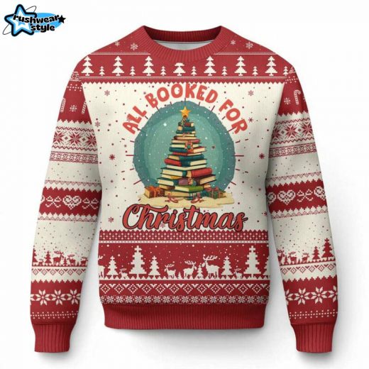 Book Lover Ugly Christmas Sweater – All Booked for Christmas Tree Design