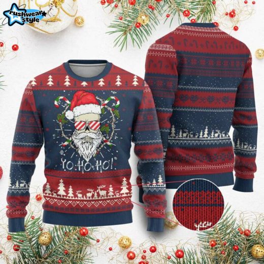 Cool Santa Yo Ho Ho Skull Beard Ugly Christmas Sweater – Trendy Holiday Style