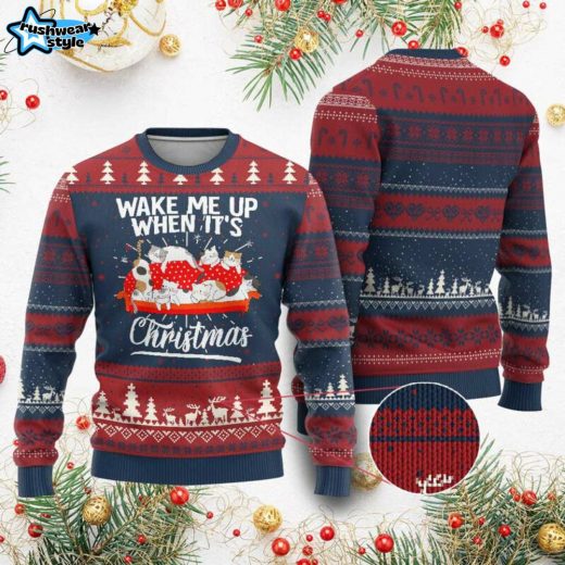 Cute Cat Wake Me Up When It’s Christmas Ugly Sweater – Lazy Holiday Style