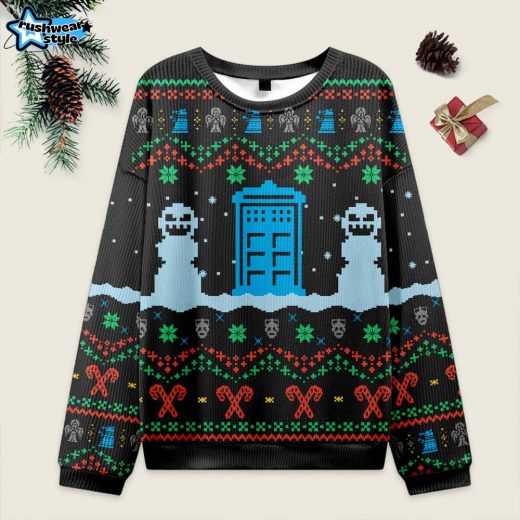 Doctor Who Ugly Christmas Sweater – Black TARDIS Holiday Style for Fans