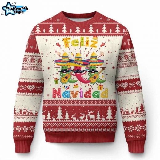 Feliz Navidad Mexican Fiesta Ugly Sweater – Hot Pepper Guitar Party Gift