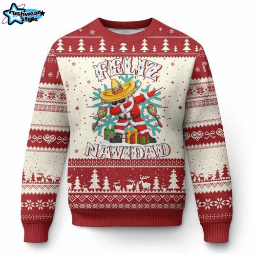 Feliz Navidad Ugly Christmas Sweater – Dabbing Santa with Sombrero Design