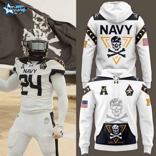 Men’s Under Armour White Navy Midshipmen 2024 Rivalry Shield Fleece Pullover Hoodie V2