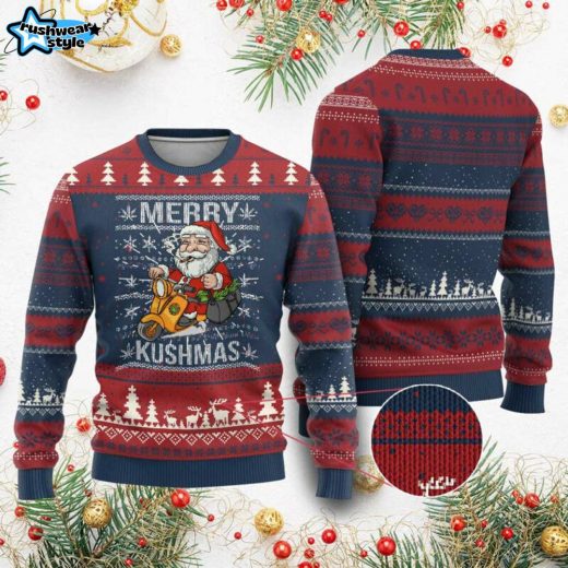 Merry Kushmas Ugly Christmas Sweater – Funny Santa Smoking Weed 420 Design