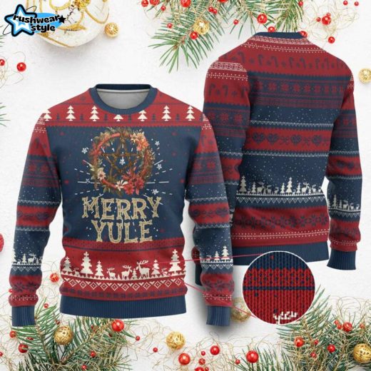 Merry Yule Winter Solstice Ugly Christmas Sweater – Pentagram Wreath Design