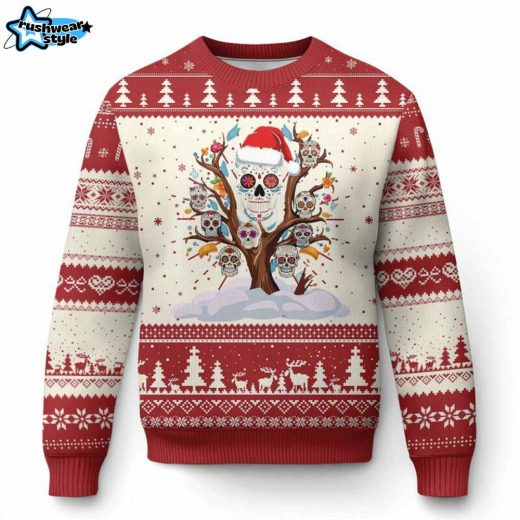 Mexican Sugar Skull Ugly Christmas Sweater – Festive Tree Design