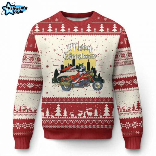 Santa Riding Motorcycle Ugly Christmas Sweater – Biker Holiday Style