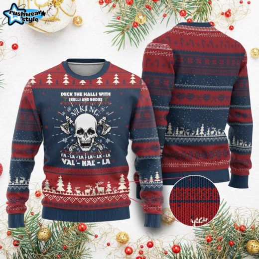 Viking Valhalla Ugly Christmas Sweater – Deck the Halls With Skulls Design