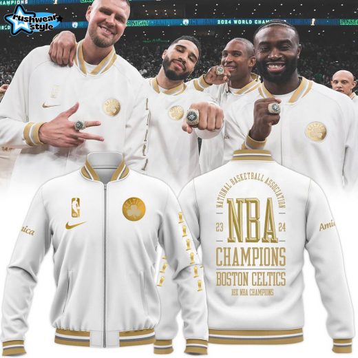 White/Gold Boston Celtics 2024 NBA Finals Champions Banner Collection Authentic Showtime Jacket