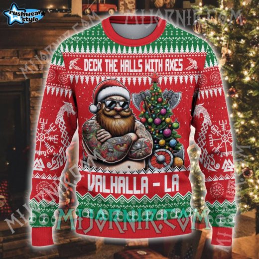 Deck the Halls with Axes Viking Ugly Christmas Sweater – Warrior Holiday Edition