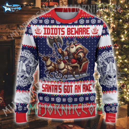 Idiot Beware Viking Ugly Christmas Sweater – Warrior Holiday Fun