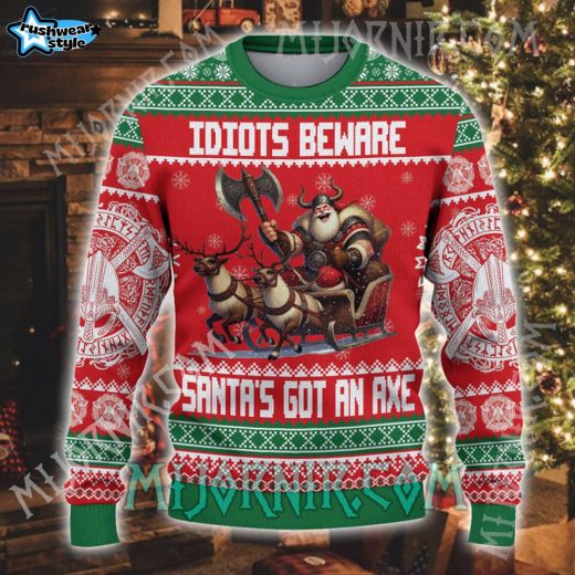 Idiots Beware Viking Ugly Christmas Sweater – Festive Warrior Edition