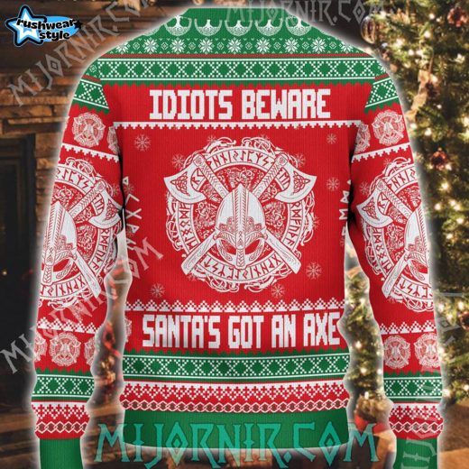 Idiots Beware Viking Ugly Christmas Sweater – Festive Warrior Edition