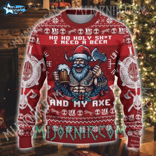 Viking Beer & Axe Ugly Christmas Sweater – Festive Warrior Viking Style