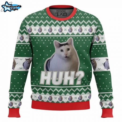 Cat Meme “Huh?” Christmas Ugly Sweater – Funny Holiday Sweater for Cat Lovers