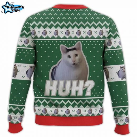 Cat Meme “Huh?” Christmas Ugly Sweater – Funny Holiday Sweater for Cat Lovers