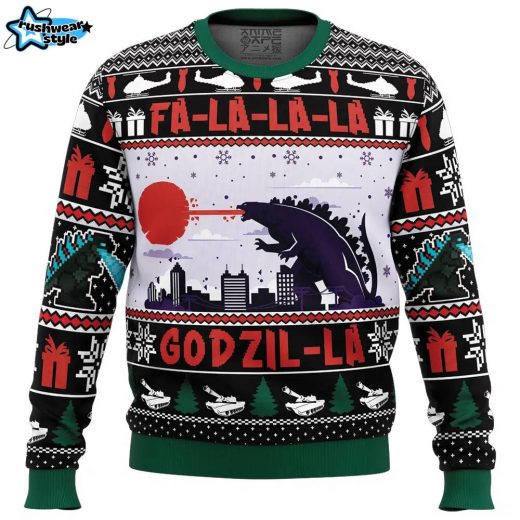 Godzilla “Fa-La-La” Ugly Christmas Sweater – Monster Holiday Theme Jumper