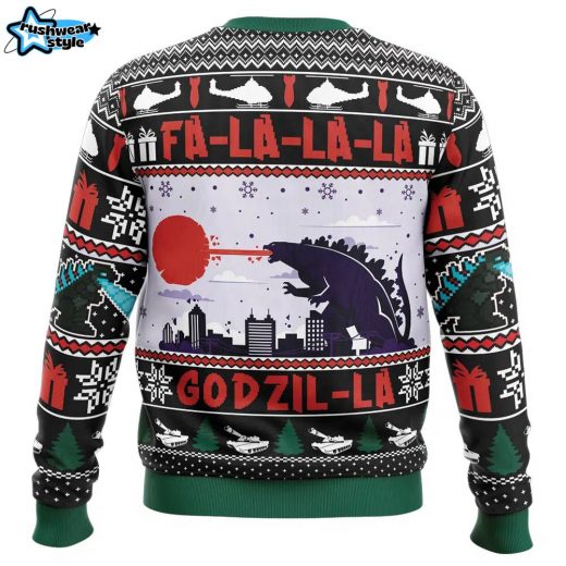 Godzilla “Fa-La-La” Ugly Christmas Sweater – Monster Holiday Theme Jumper