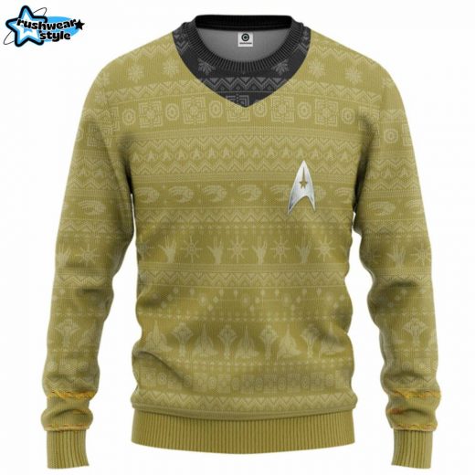 Star Trek 3D Original Series Yellow Ugly Christmas Sweater – Retro TV Show Holiday Sweater