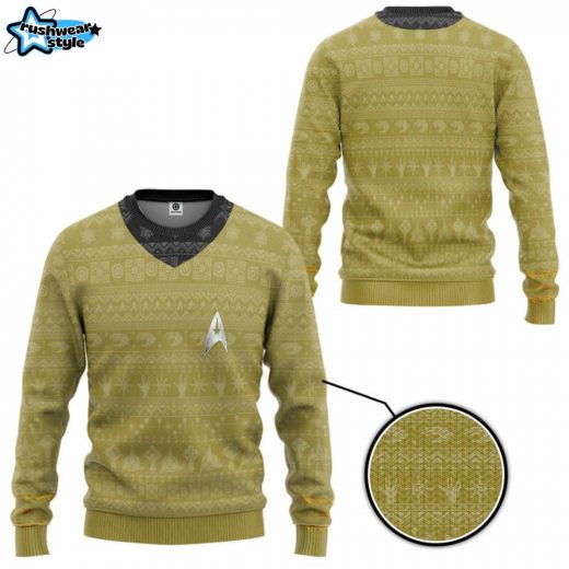 Star Trek 3D Original Series Yellow Ugly Christmas Sweater – Retro TV Show Holiday Sweater