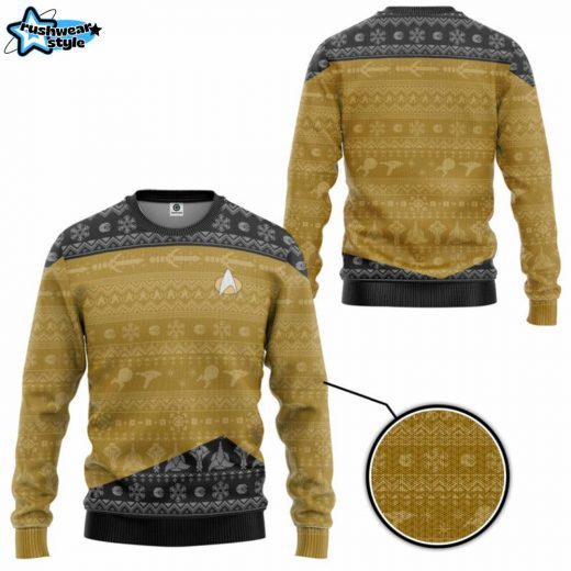 Star Trek The Next Generation Yellow Ugly Christmas Sweater – Sci-Fi Series Holiday Apparel