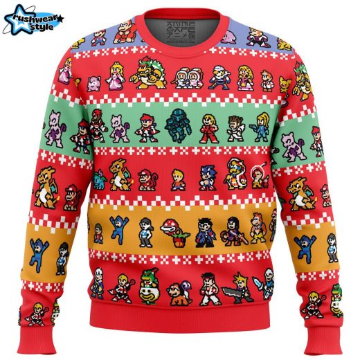 Super Smash Bros Ugly Christmas Sweater – Pixel Art Gamer Holiday Sweater