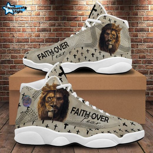 Teesdily | Jesus Faith Over Fear Running Shoes Unisex, Jesus Lion Of Judah Basketball Shoes, Christian Cross Gift For God Lovers