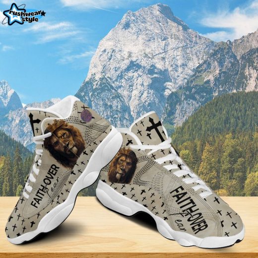 Teesdily | Jesus Faith Over Fear Running Shoes Unisex, Jesus Lion Of Judah Basketball Shoes, Christian Cross Gift For God Lovers