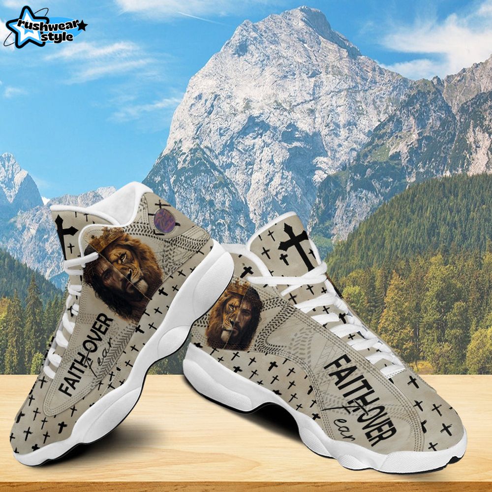 Teesdily | Jesus Faith Over Fear Running Shoes Unisex, Jesus Lion Of Judah Basketball Shoes, Christian Cross Gift For God Lovers Teesdily | Jesus Faith Over Fear Running Shoes Unisex, Jesus Lion Of Judah Basketball Shoes, Christian Cross Gift For God Lovers