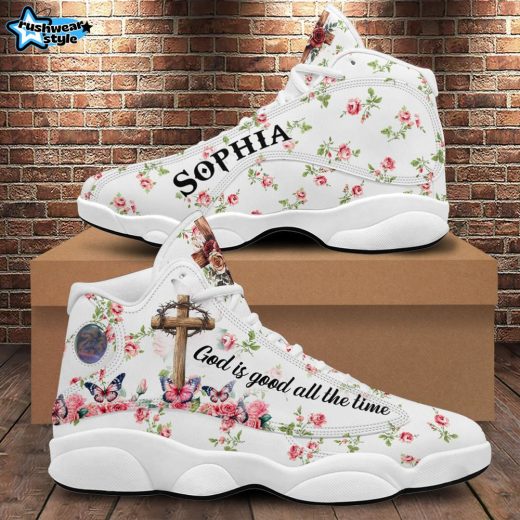 Teesdily | Personalized Jesus Rose Butterfly Basketball Shoes, God Is Good All The Time Running Shoes, Christ Cross Religious Gift