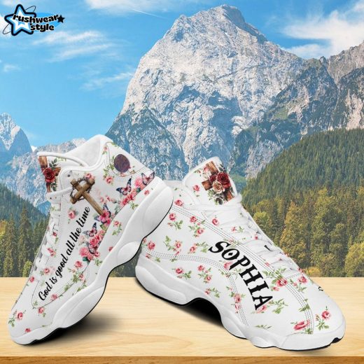 Teesdily | Personalized Jesus Rose Butterfly Basketball Shoes, God Is Good All The Time Running Shoes, Christ Cross Religious Gift