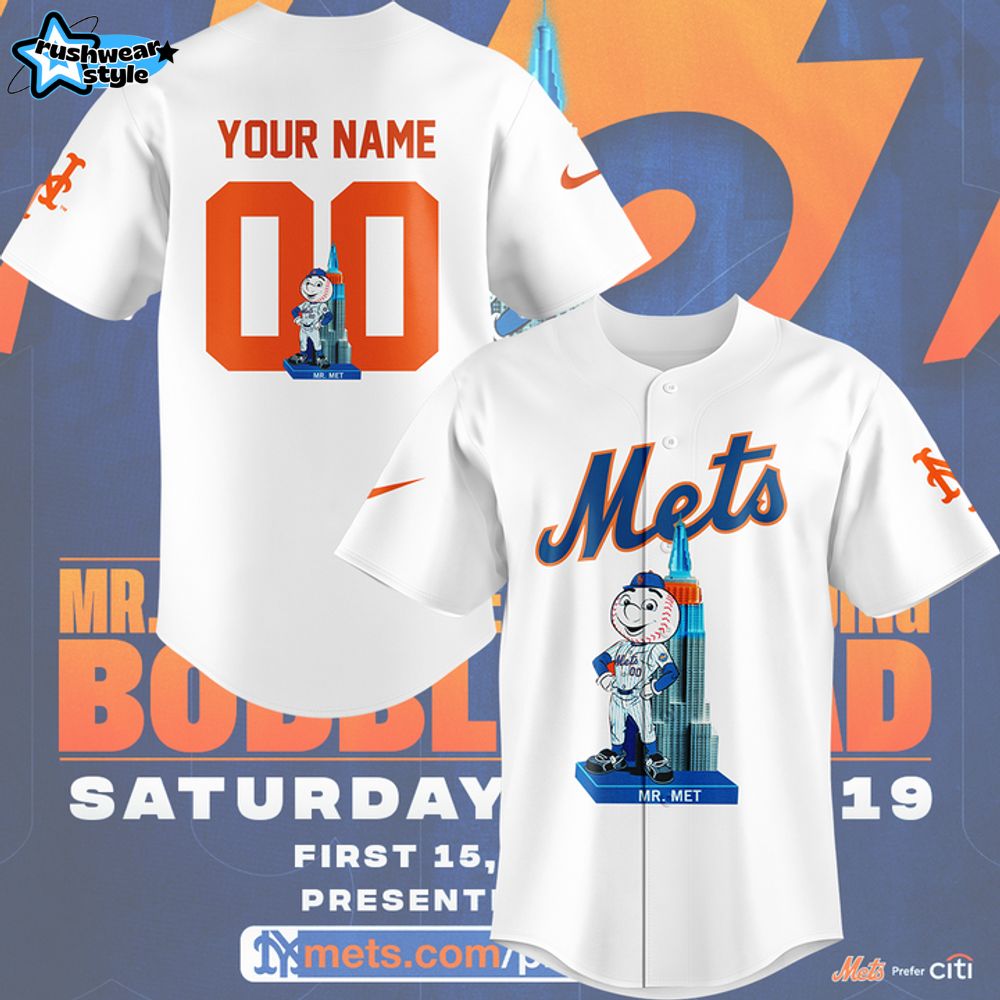 New York Mets Mr. Met Empire State Building Bobblehead Custom Baseball Jersey New York Mets Mr. Met Empire State Building Bobblehead Custom Baseball Jersey