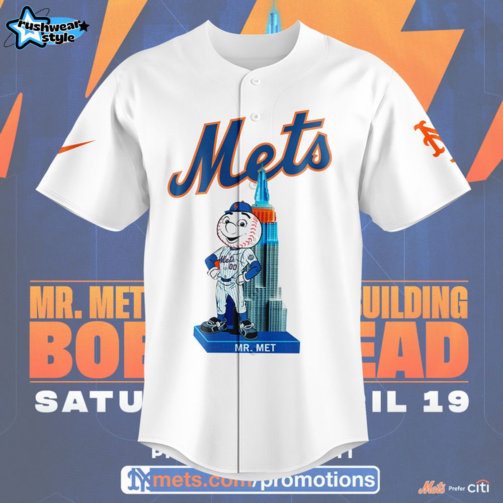 New York Mets Mr. Met Empire State Building Bobblehead Custom Baseball Jersey New York Mets Mr. Met Empire State Building Bobblehead Custom Baseball Jersey