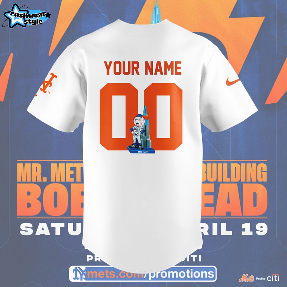 New York Mets Mr. Met Empire State Building Bobblehead Custom Baseball Jersey New York Mets Mr. Met Empire State Building Bobblehead Custom Baseball Jersey