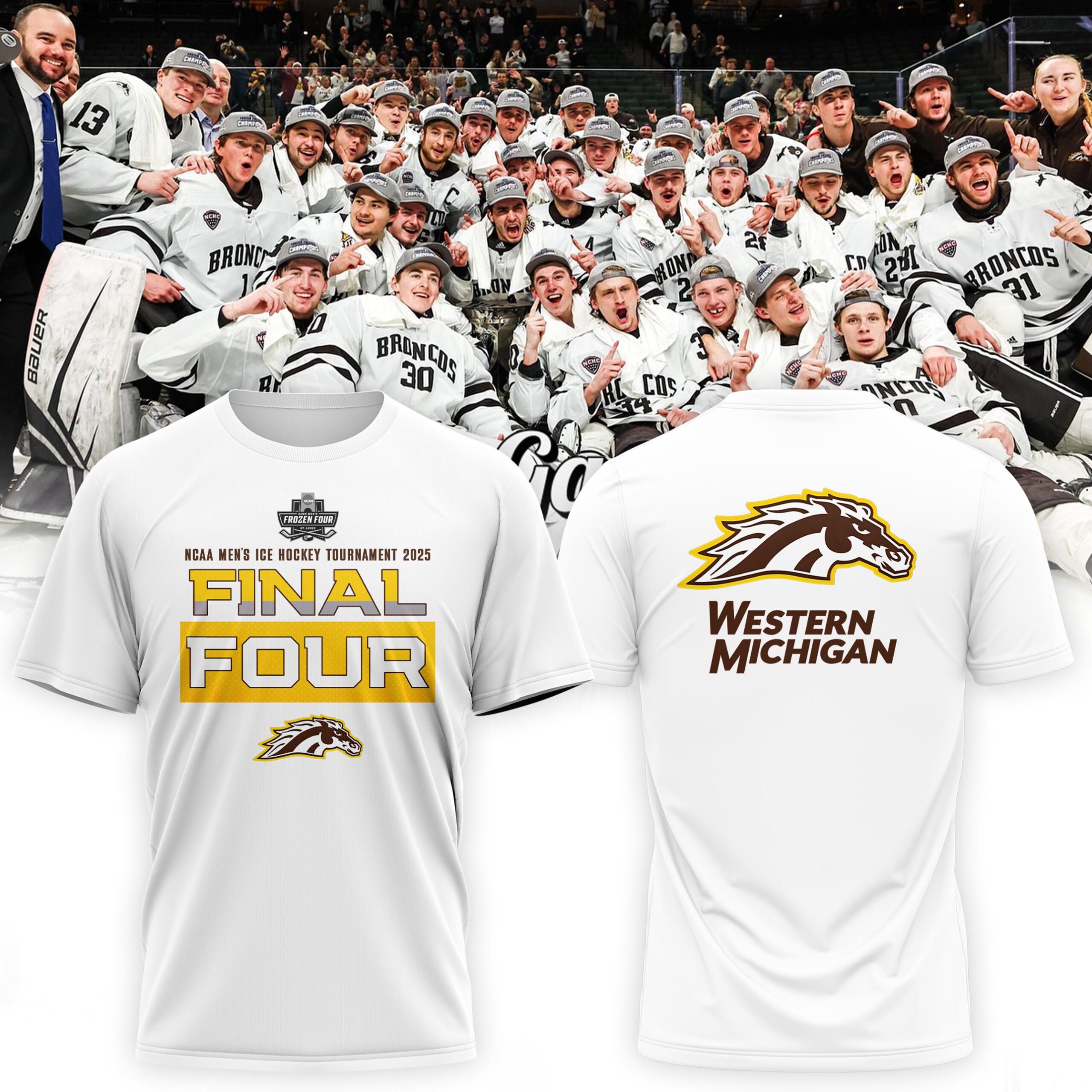 Western Michigan Broncos Frozen Four 2025 NCAA Hockey Championship T-Shirt Western Michigan Broncos Frozen Four 2025 NCAA Hockey Championship T-Shirt