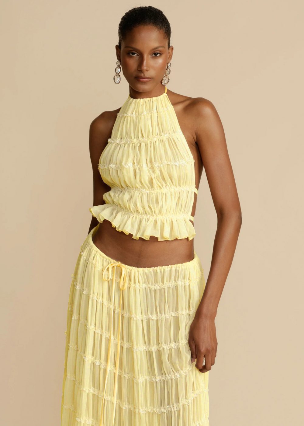2pcs Women’s Dress Suit Sexy Sleeveless Backless Cropped Halter Top And Pleated Long Skirt Beach Clothing
