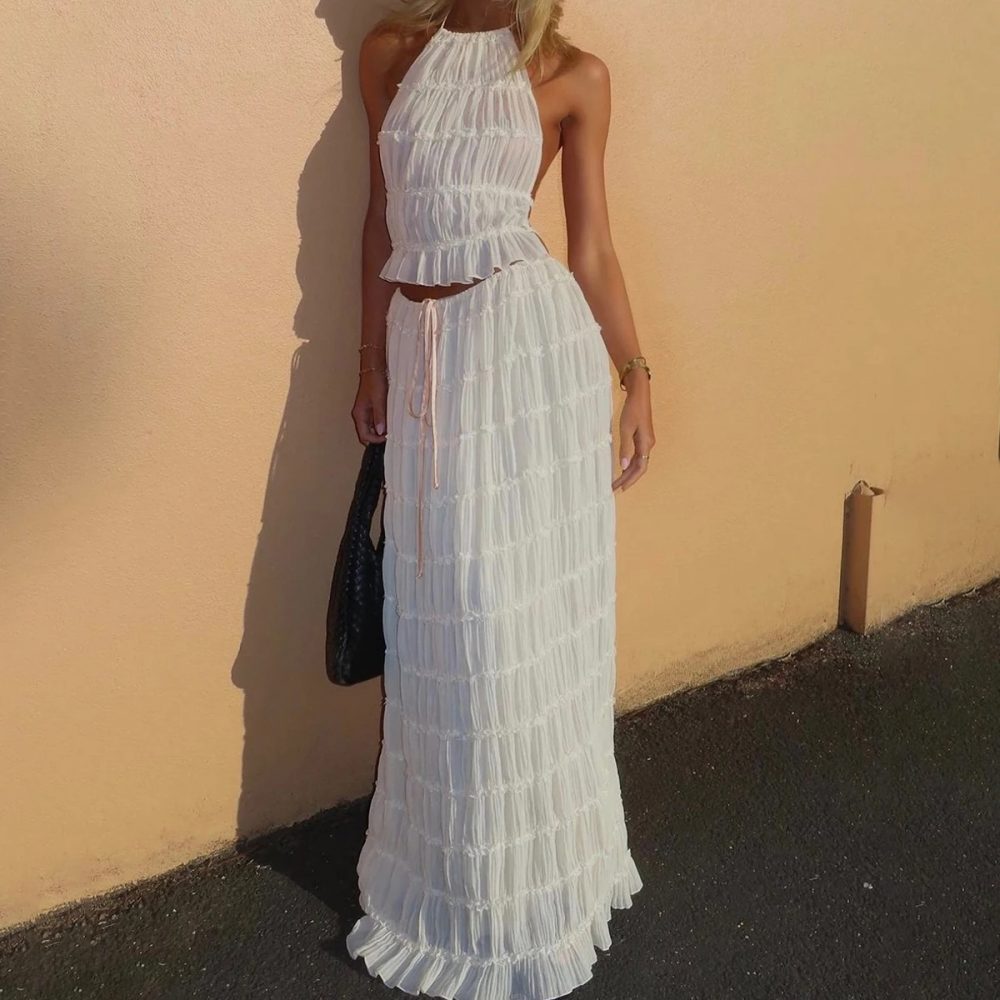 2pcs Women’s Dress Suit Sexy Sleeveless Backless Cropped Halter Top And Pleated Long Skirt Beach Clothing