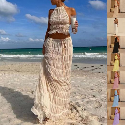 2pcs Women’s Dress Suit Sexy Sleeveless Backless Cropped Halter Top And Pleated Long Skirt Beach Clothing
