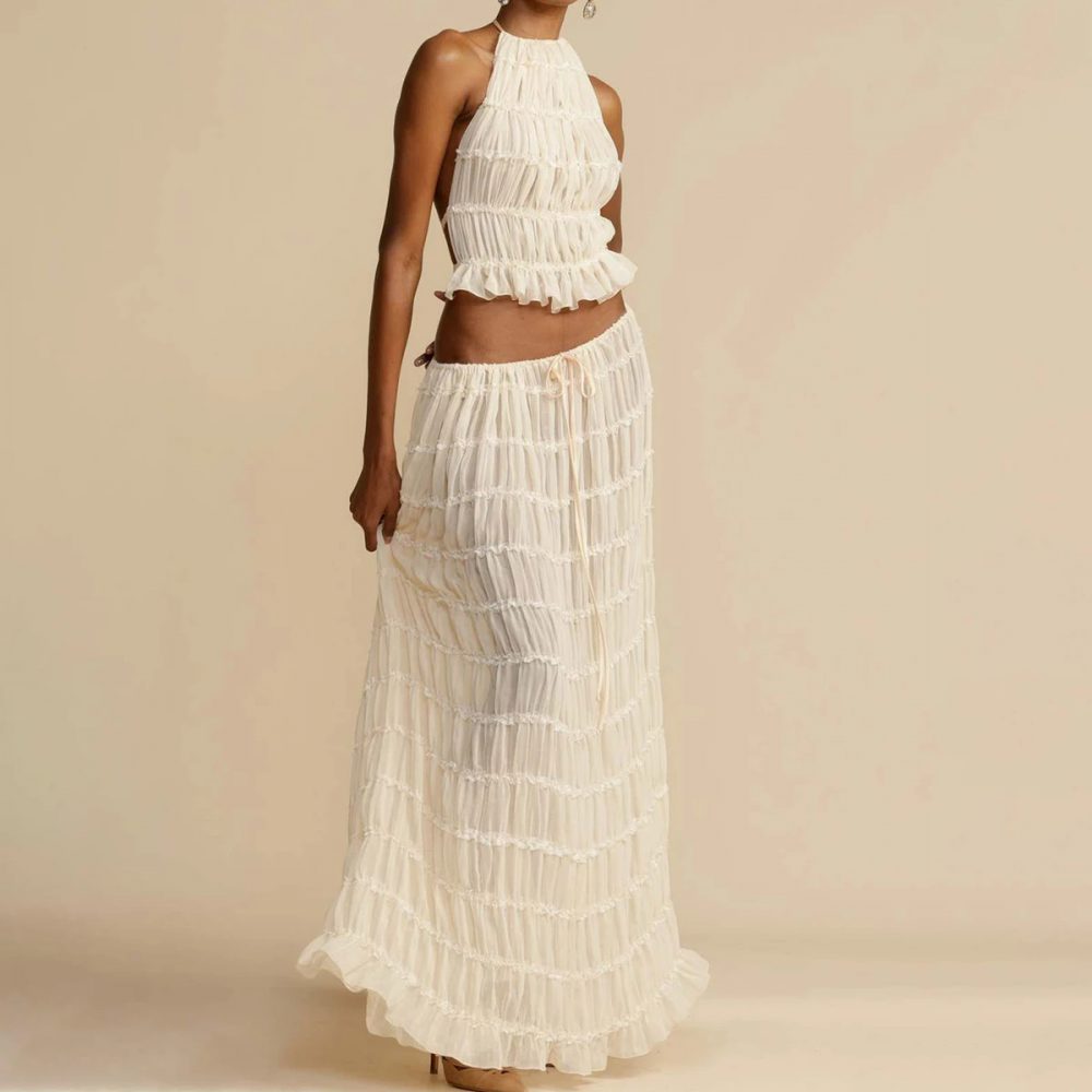 2pcs Women’s Dress Suit Sexy Sleeveless Backless Cropped Halter Top And Pleated Long Skirt Beach Clothing