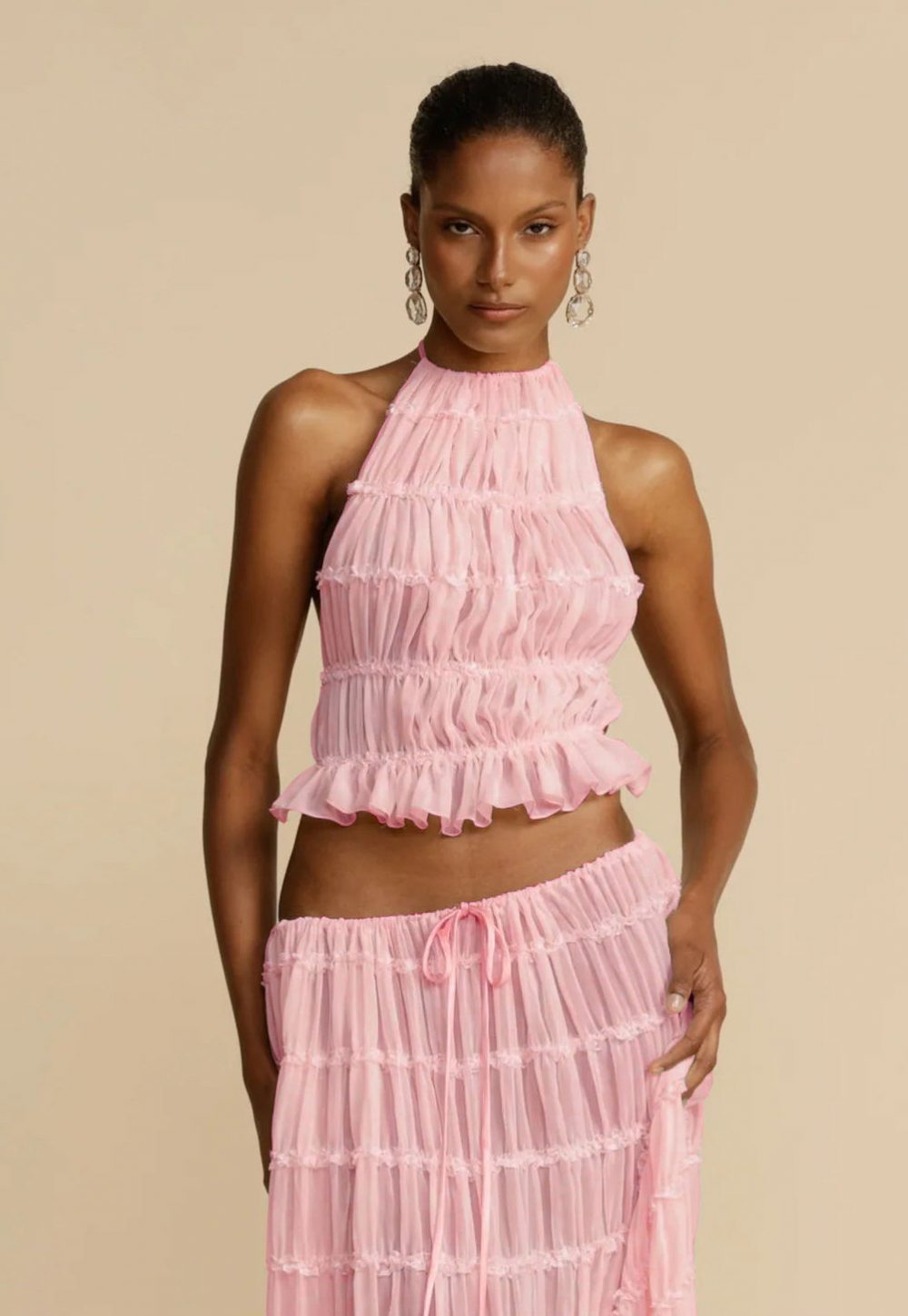 2pcs Women’s Dress Suit Sexy Sleeveless Backless Cropped Halter Top And Pleated Long Skirt Beach Clothing