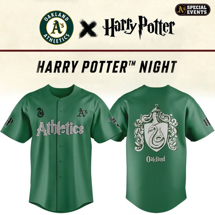 Oakland Athletics X Harry Potter Slytherin House Limited Edition Baseball Jersey Oakland Athletics X Harry Potter Slytherin House Limited Edition Baseball Jersey