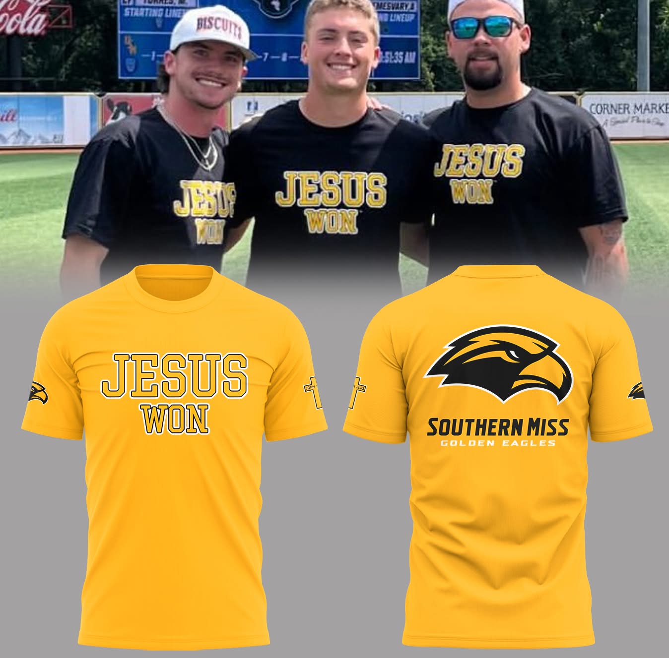 Southern Miss Golden Eagles "JESUS WON" 2025 Yellow T-shirt Southern Miss Golden Eagles "JESUS WON" 2025 Yellow T-shirt