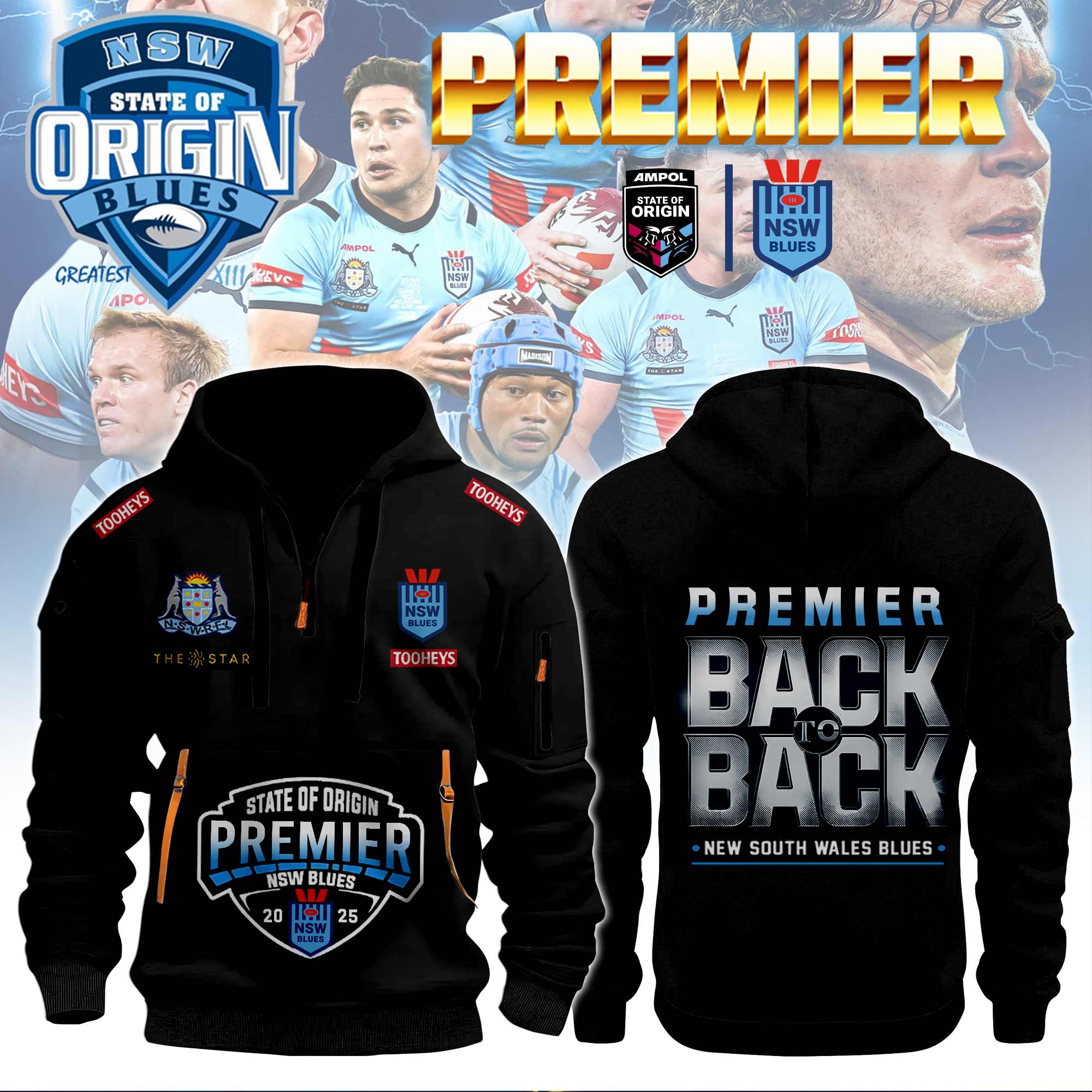 NSW Blues 2025 Premier Back to Back Special Quarter Zip Hoodie NSW Blues 2025 Premier Back to Back Special Quarter Zip Hoodie