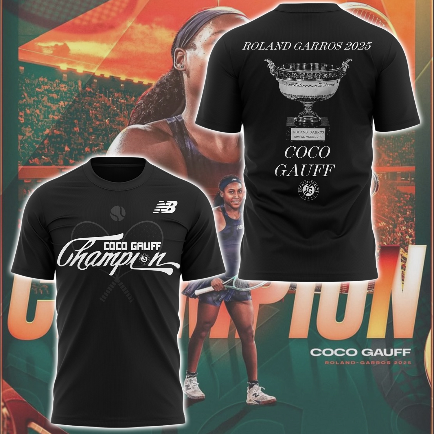 Coco Gauff Champions Roland Garros 2025 Black Shirt Coco Gauff Champions Roland Garros 2025 Black Shirt