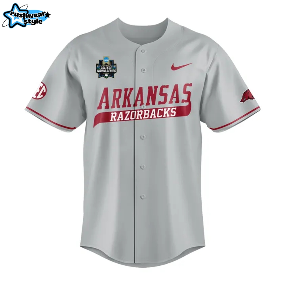 Arkansas Razorbacks Men's College World Series Omahogs Grey Baseball Jersey Arkansas Razorbacks Men's College World Series Omahogs Grey Baseball Jersey