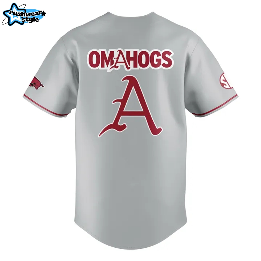 Arkansas Razorbacks Men's College World Series Omahogs Grey Baseball Jersey Arkansas Razorbacks Men's College World Series Omahogs Grey Baseball Jersey