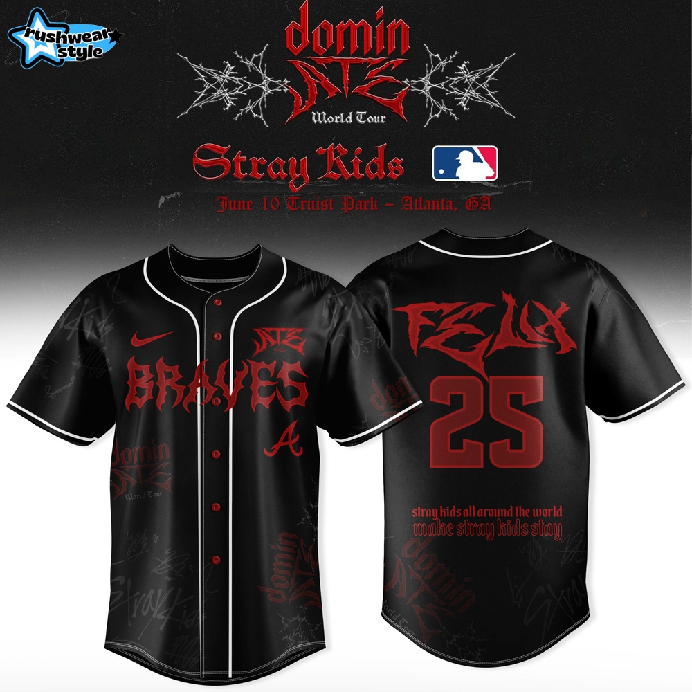 Atlanta Braves x Stray Kids DominATE World Tour Felix Baseball Jersey Atlanta Braves x Stray Kids DominATE World Tour Felix Baseball Jersey